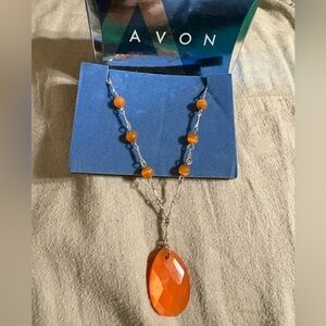 Avon Silver-Tone Necklace with Orange Beads and Faceted Orange Pendant